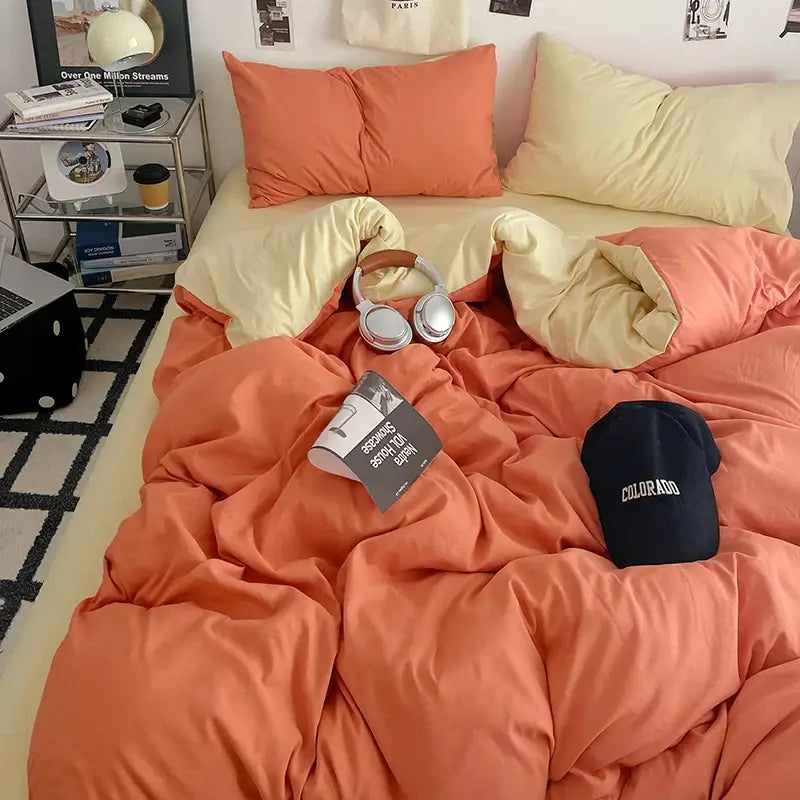 Coralb-colored plush quilt set with soft textured cotton surface and matching pillowcases from decorbites fresh solid color collection