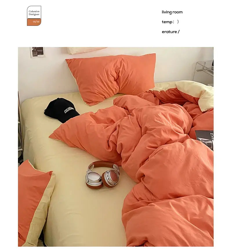 Coralb-colored plush cotton quilt set with matching pillowcases and cream bedsheet by decorbites fresh solid color