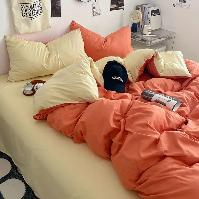 DecorBites™ fresh solid color quilt set with plush orange and cream cotton duvet covers for cozy bedding