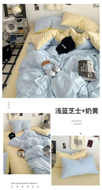 Decorbites fresh solid color cotton quilt set 4-piece with light blue and cream plush fabric solid color bedding set