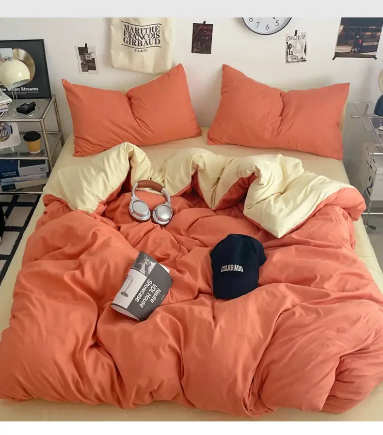 Decorbites fresh solid color cotton quilt set with orange and cream two-tone quilted comforter and matching pillows