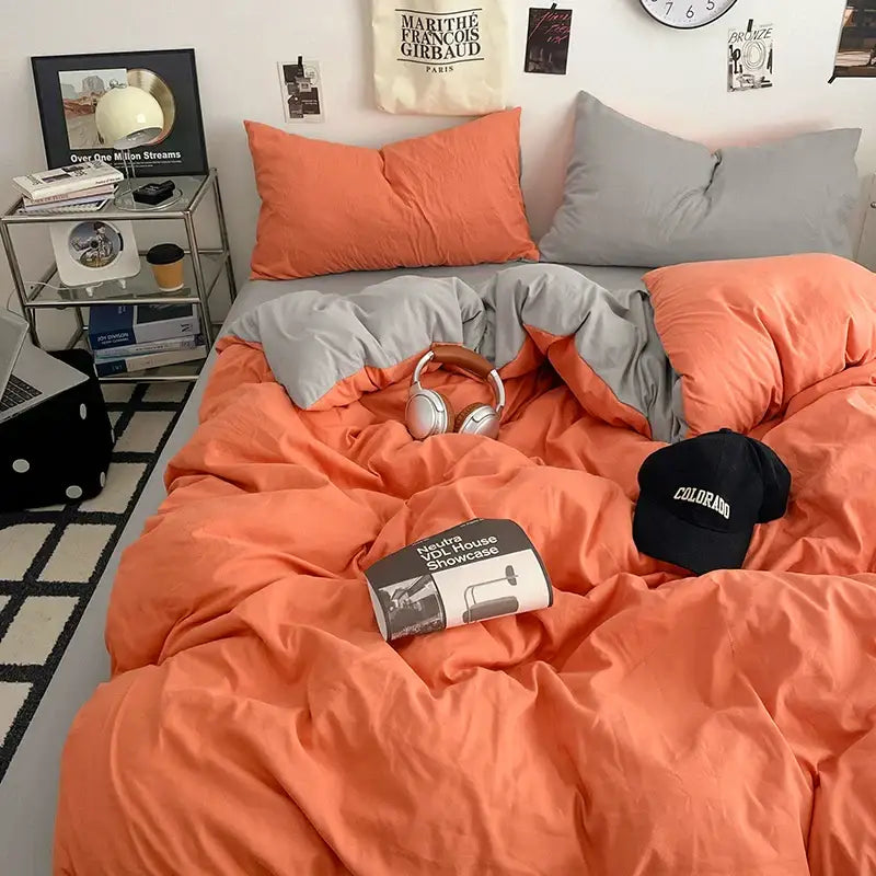 Decorbites fresh solid color cotton quilt set 4-piece with orange duvet cover and gray accents in cozy textured fabric