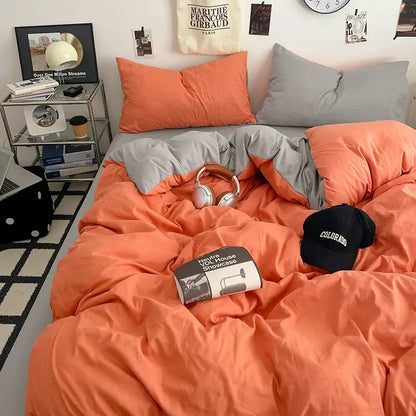 Decorbites fresh solid color cotton quilt set 4-piece with orange duvet cover and gray accents in cozy textured fabric