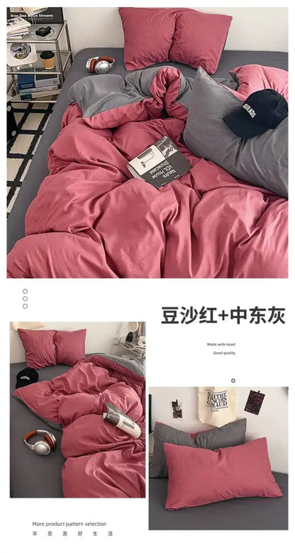 DecorBites fresh solid color quilt set in pink and gray cotton with a soft plush texture 4-piece duvet set