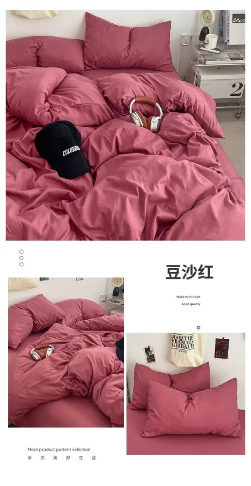 Decorbites fresh solid color cotton quilt set featuring a dusty rose plush duvet and matching pillows with satin finish