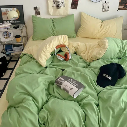 Decorbites fresh solid color cotton quilt set featuring a soft green duvet cover with pale yellow inner layer and matching pillowcases