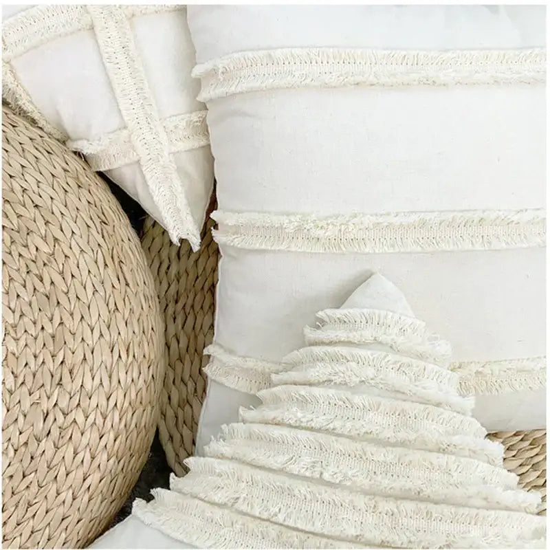 White rectangular pillow with cream textured frayed bands in decorbites fringed geometry cushion cover design