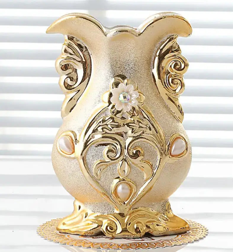 Gold frosted porcelain flower vase with ornate scrollwork and pearl embellishments for elegant home decor