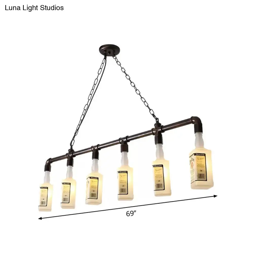 Industrial-style chandelier with five illuminated black wine bottles on frosted white glass and black metal pipe frame suspension