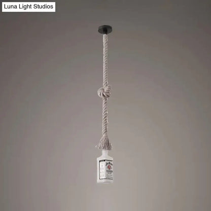 DecorBites frosted white glass island lamp shaped like black wine bottle pendant with beige knotted rope suspension