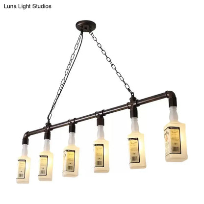 Industrial-style chandelier with five black wine repurposed bottles on frosted white glass island lamp frame