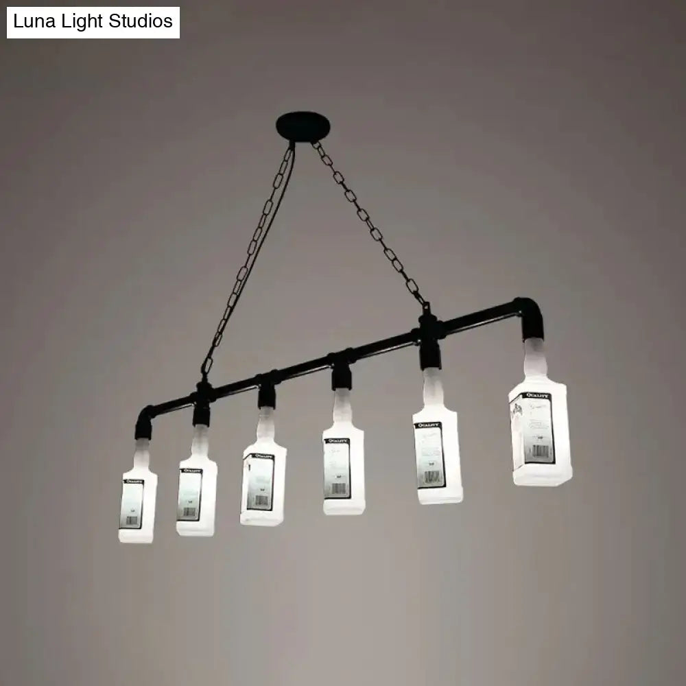 Black industrial chandelier with five illuminated clear glass whiskey bottles on metal pipe frame frosted white glass accent