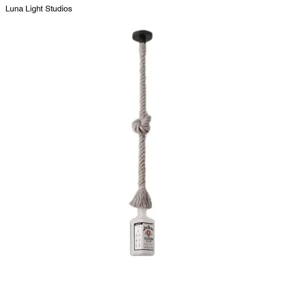 DecorBites frosted white glass pendant light shaped like a black wine bottle with beige rope suspension for restaurants