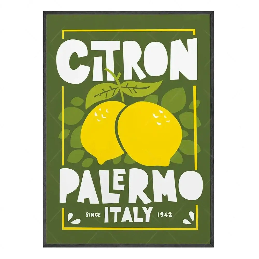 A framed canvas painting featuring fun beans toast cartoon with bold white lettering and vibrant yellow lemons on dark green background
