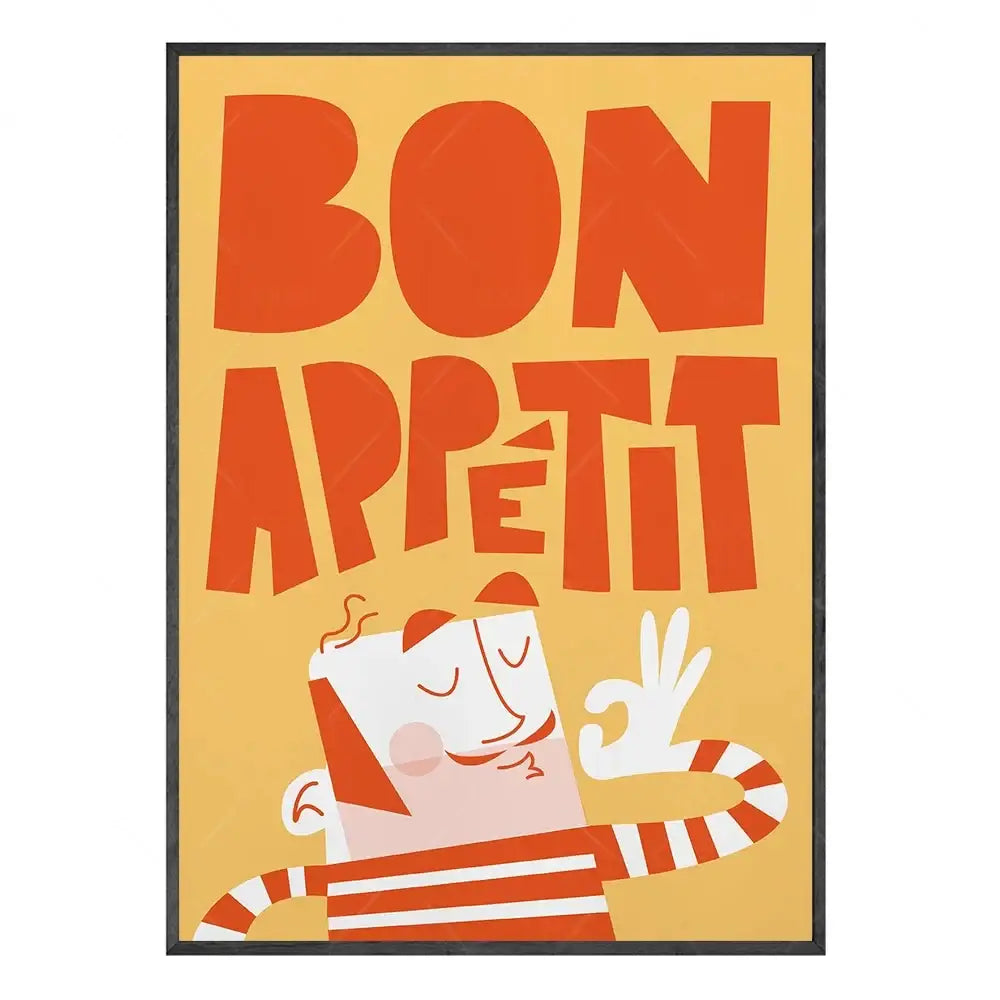 A framed canvas painting featuring bold orange bon appetit text and a toast cartoon with fun beans on a yellow background
