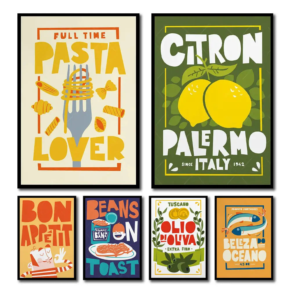 Set of six framed italian food-themed canvas paintings featuring bold typography and fun beans toast cartoon illustrations