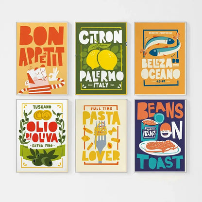 Six colorful decorbites fun beans on toast italian canvas paintings featuring toast cartoon and vibrant typography