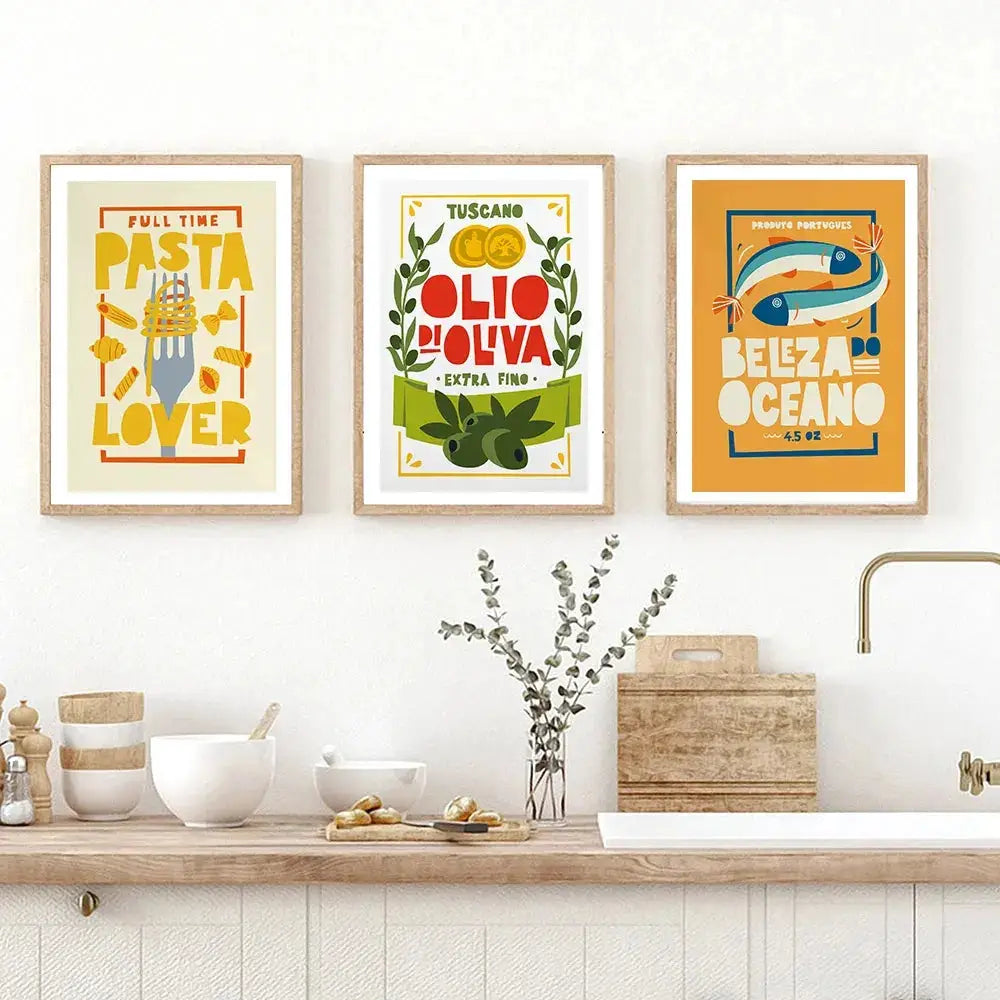 Three colorful framed canvas paintings of pasta olive oil and fish in decorbites fun beans fun beans toast cartoon art