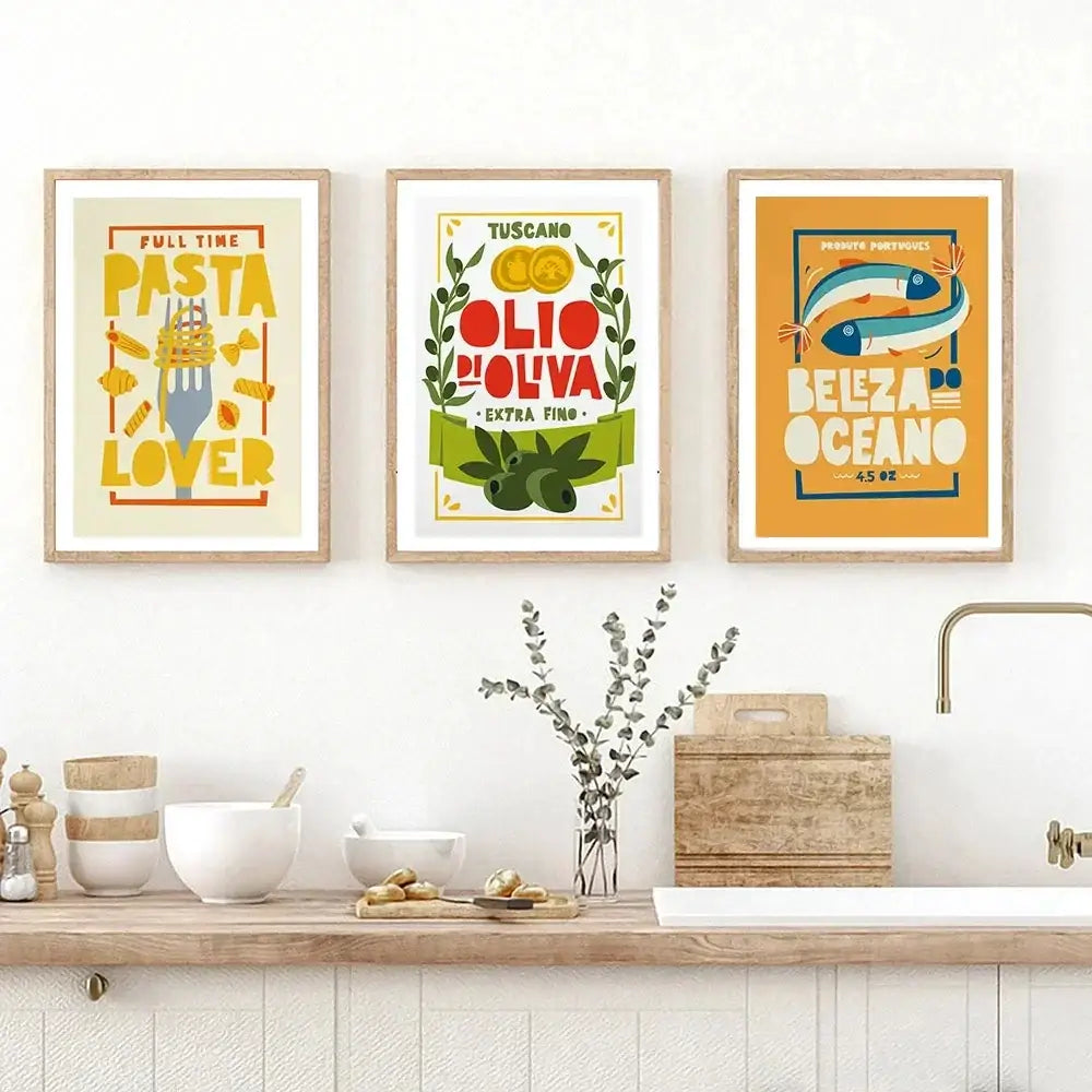 Three colorful framed canvas paintings featuring pasta olive oil and fish decorbites fun beans kitchen art with toast cartoon style