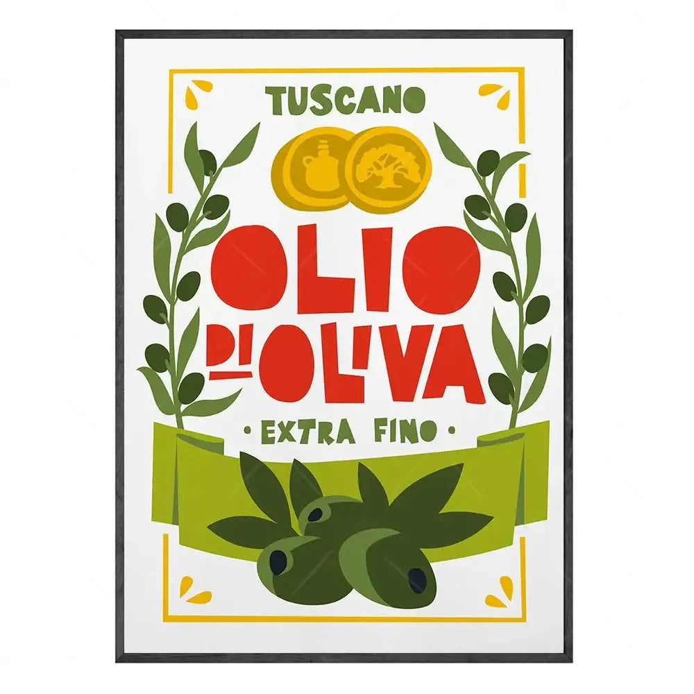 Decorbites™ fun beans on toast kitchen canvas art featuring a tuscan olive oil label poster with bold red and green typography framed in black