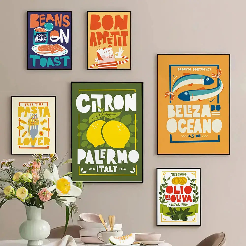 A vibrant green framed canvas painting featuring fun beans toast cartoon with bright yellow lemons and leafy greens decor