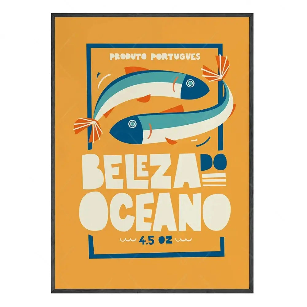 Decorbites fun beans on toast kitchen canvas painting with vibrant orange background and stylized blue toast cartoon fish