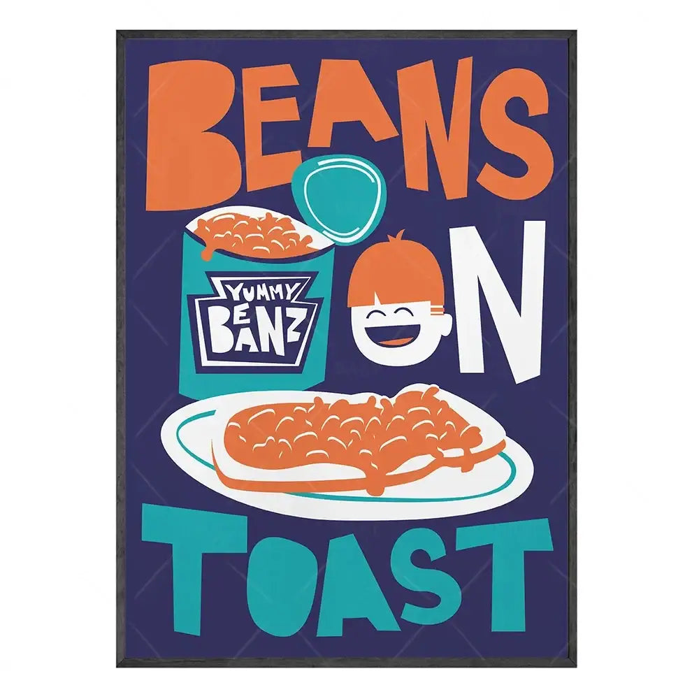 Vibrant orange and teal fun beans canvas painting featuring toast cartoon with smiling character on dark blue background