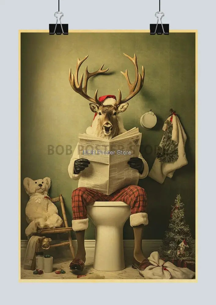 Decorbites™ funny animal bathroom poster with festive reindeer in santa attire for humorous home decor