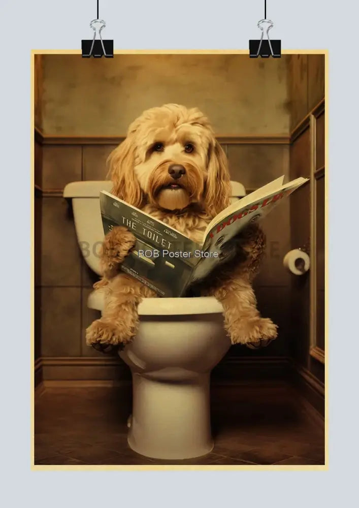 A charming fluffy golden dog on a white toilet holding a magazine in this funny animal bathroom poster for home decor