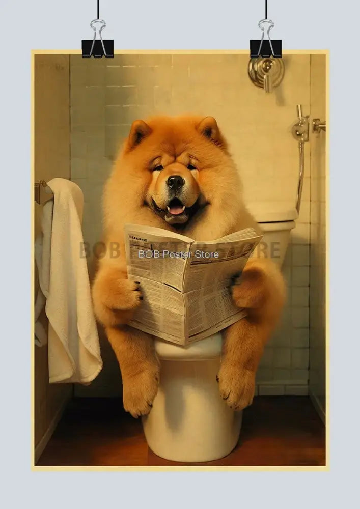 Fluffy orange chow chow dog poster with paws holding a newspaper sitting on toilet for funny animal bathroom home decor
