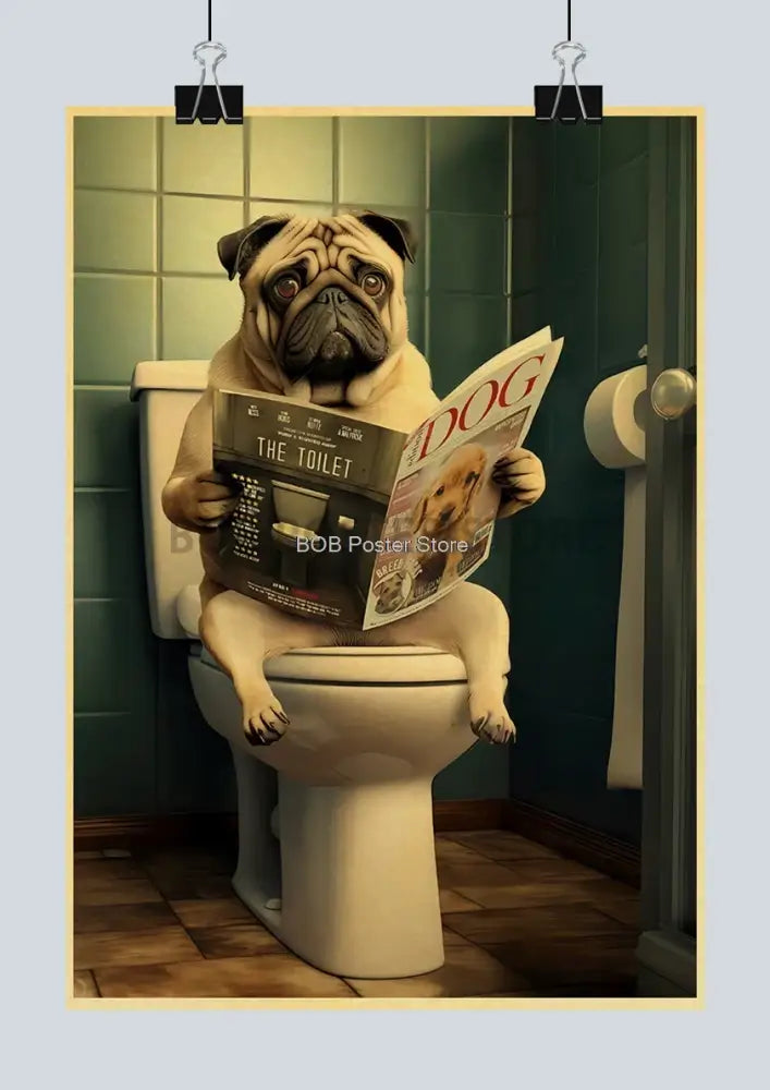Framed green tiled animal bathroom poster featuring a pug dog on toilet reading a magazine for funny animal bathroom decor