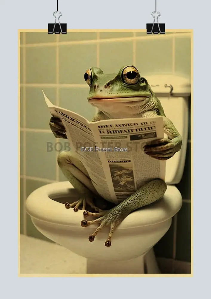 Green frog poster featuring a cartoon amphibian reading a newspaper on a white toilet for funny animal bathroom home decor
