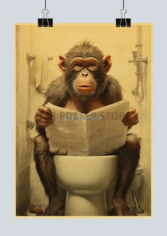 Decorbites™ funny animal bathroom poster featuring a vintage chimpanzee reading newspaper for home decor