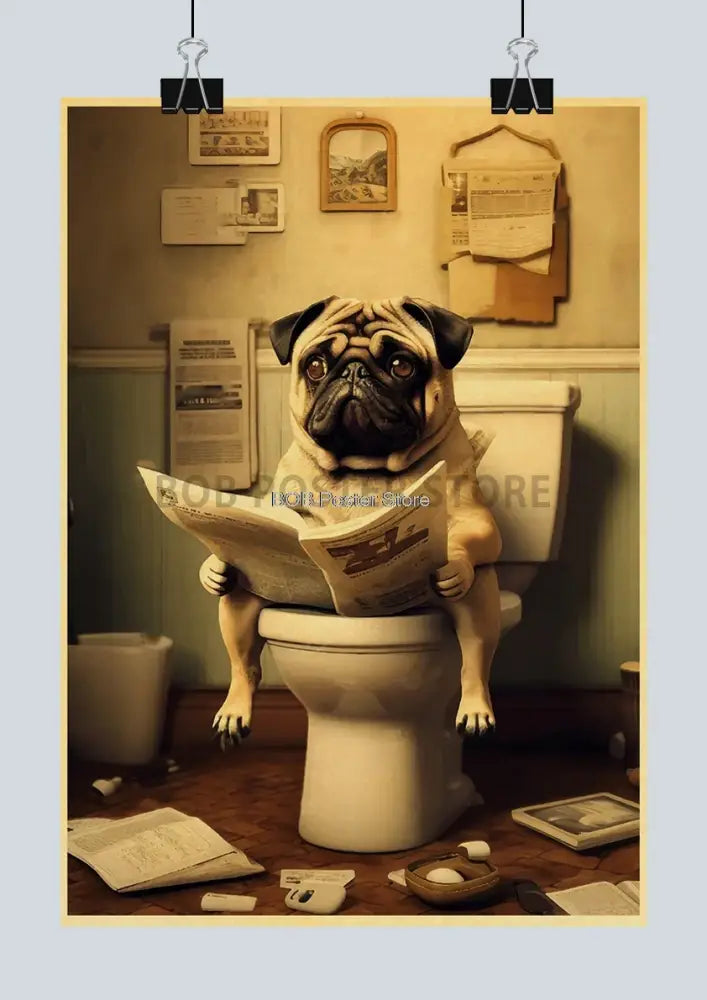 A fawn pug with black facial markings sits on a white toilet holding a newspaper in this funny animal bathroom poster for home decor
