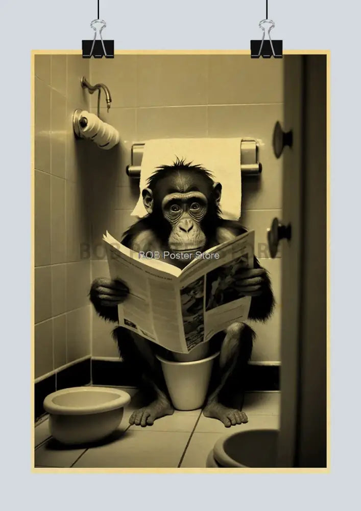 Sepia-toned animal bathroom poster featuring a chimpanzee reading a newspaper for funny animal bathroom home decor