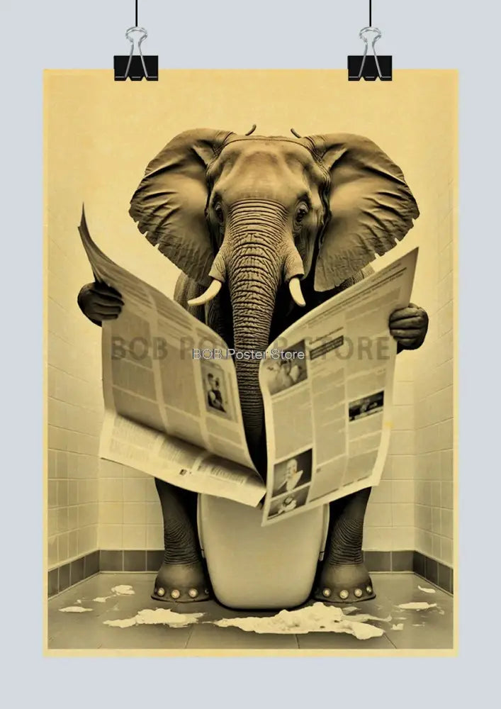 Sepia-toned decorbites™ funny animal bathroom poster featuring a realistic elephant on toilet holding newspaper for home decor