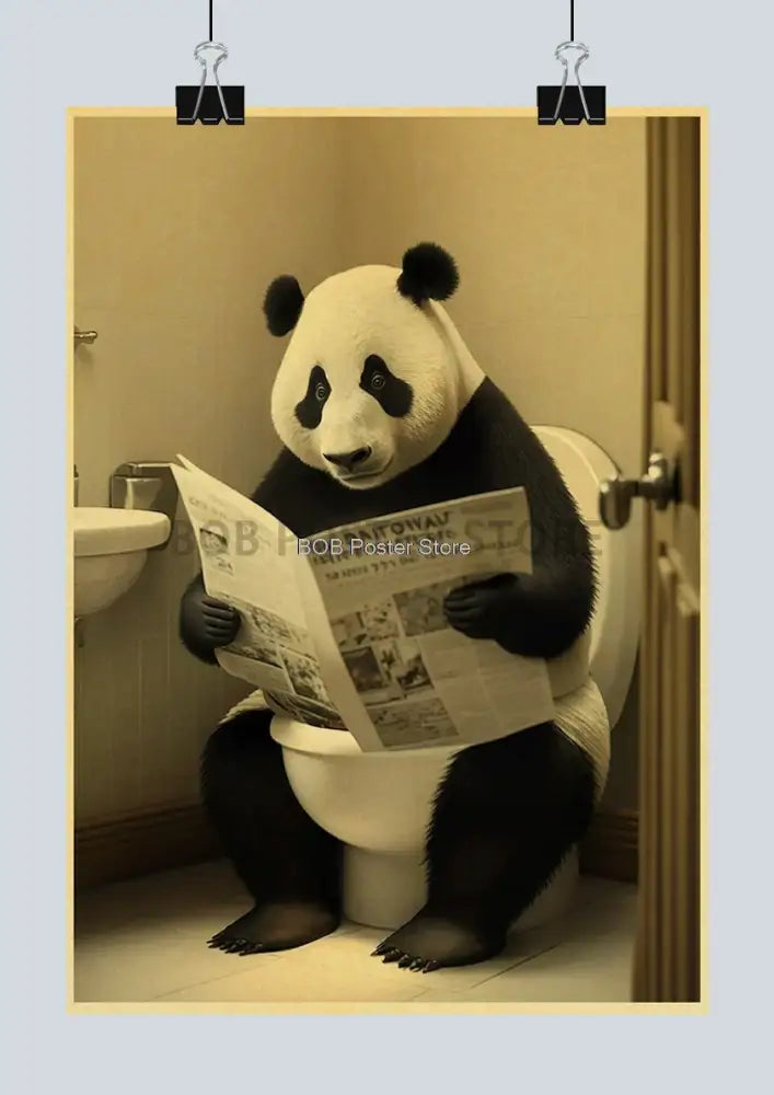 A sepia-toned funny animal bathroom poster featuring a cartoon panda on a toilet for home decor by decorbites