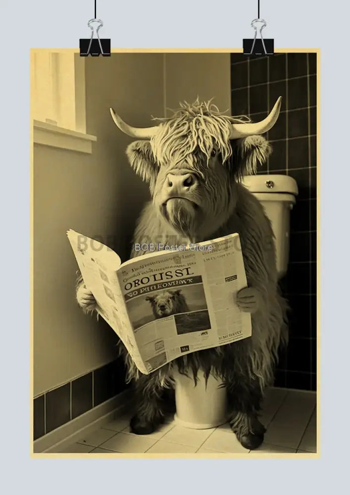 Sepia-toned funny animal bathroom poster featuring a highland cow on a toilet for diy home decor by decorbites™