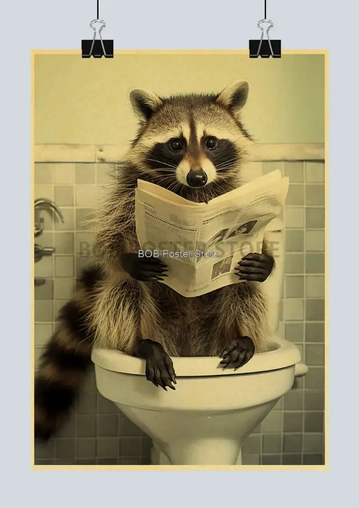 A sepia-toned DecorBites™ funny animal bathroom poster of a raccoon reading a newspaper for home decor