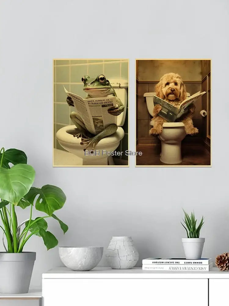 Two framed canvas prints of a green frog and fluffy dog reading newspapers on toilets for funny animal bathroom home decor
