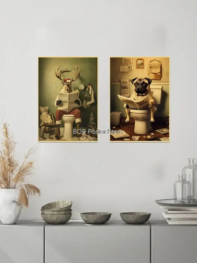 Two framed sepia-toned vintage-style posters of a deer and pug reading on toilets for funny animal bathroom home decor