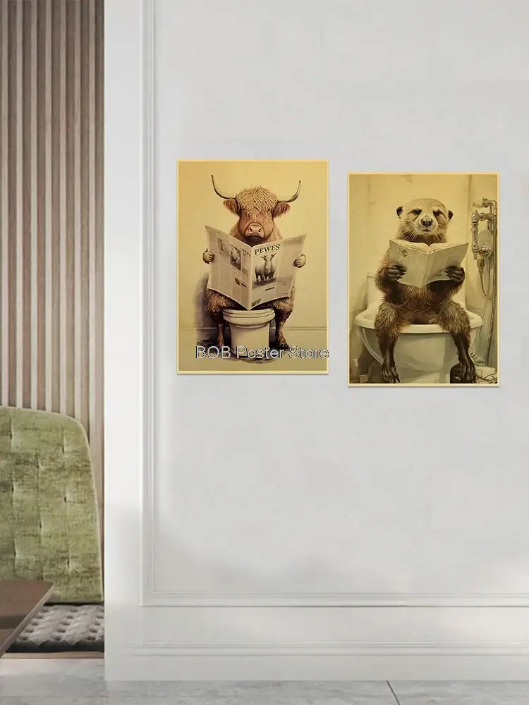 DecorBites™ funny animal bathroom posters featuring vintage-style highland cow and otter prints for home decor