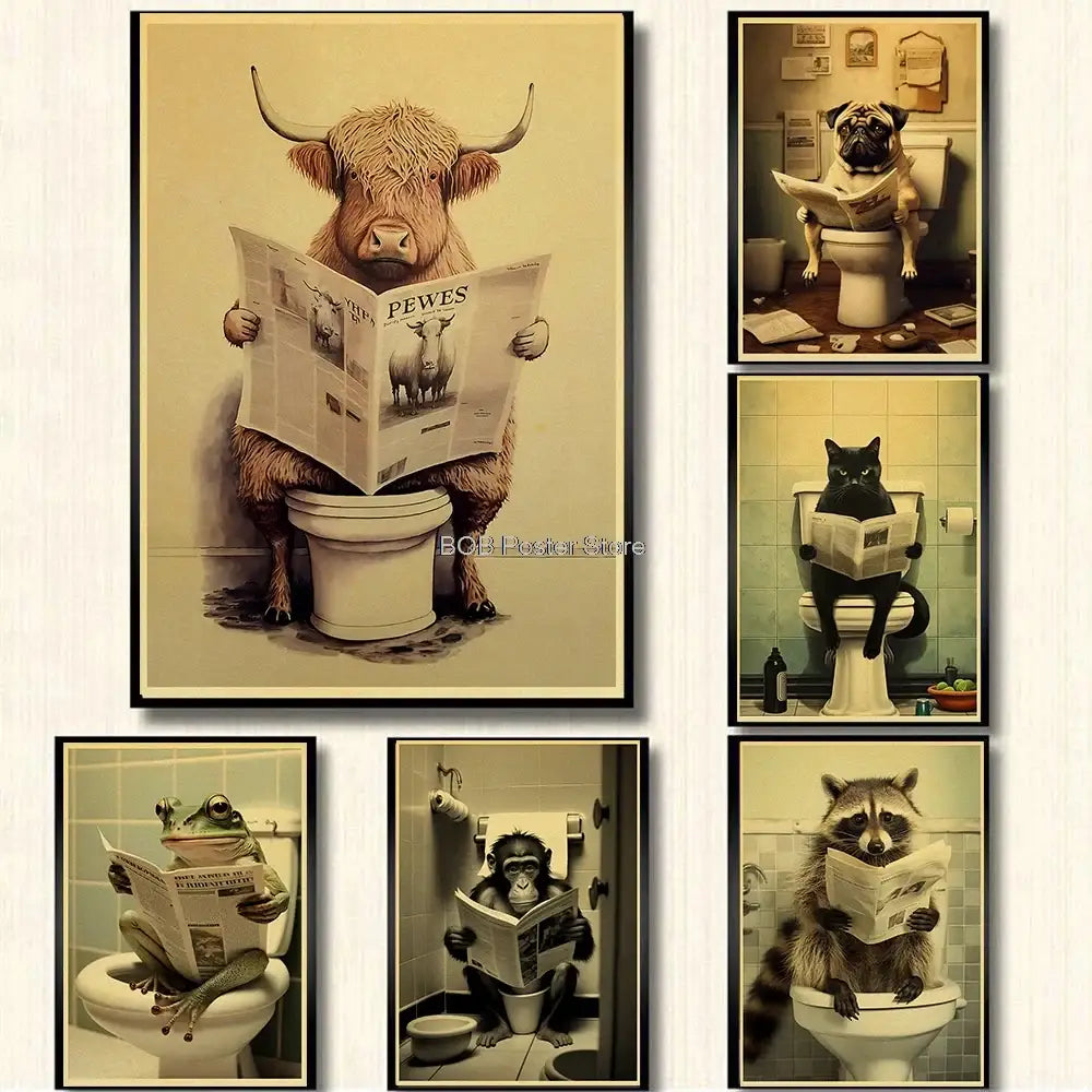 Vintage-style framed poster of a highland cow reading a newspaper on a toilet for funny animal bathroom home decor