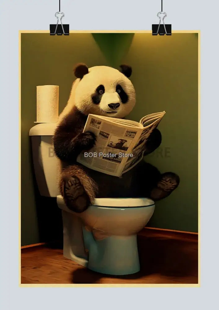 Decorbites™ funny animal bathroom poster featuring a black and white panda on a toilet for home decor