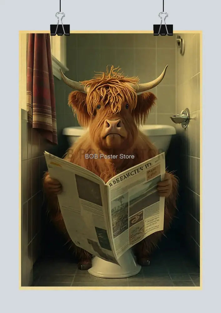 A whimsical DecorBites™ funny animal bathroom poster featuring a reddish-brown highland cow reading on a toilet for home decor