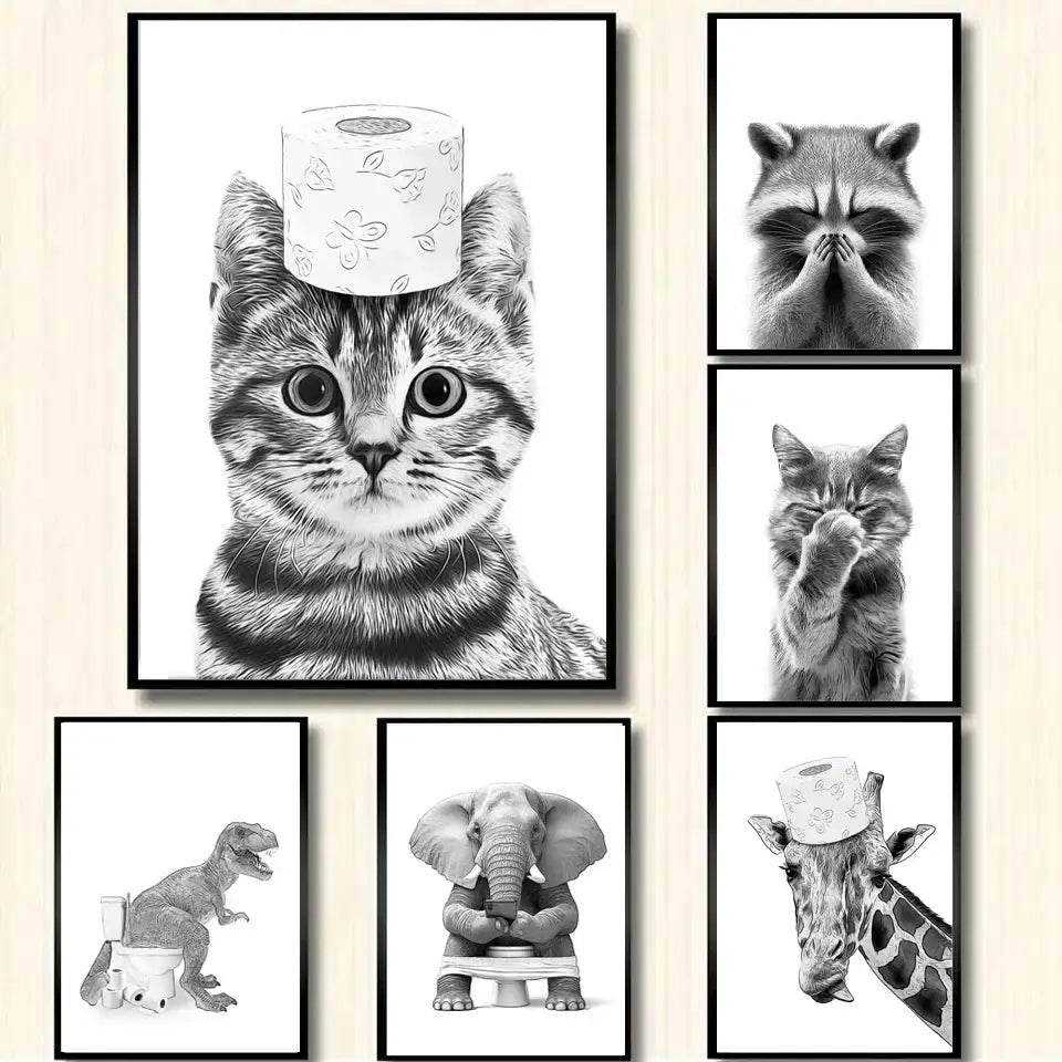 Black and white framed bathroom poster wall art canvas featuring a tabby cat with toilet paper roll on head decorbites funny animal bathroom