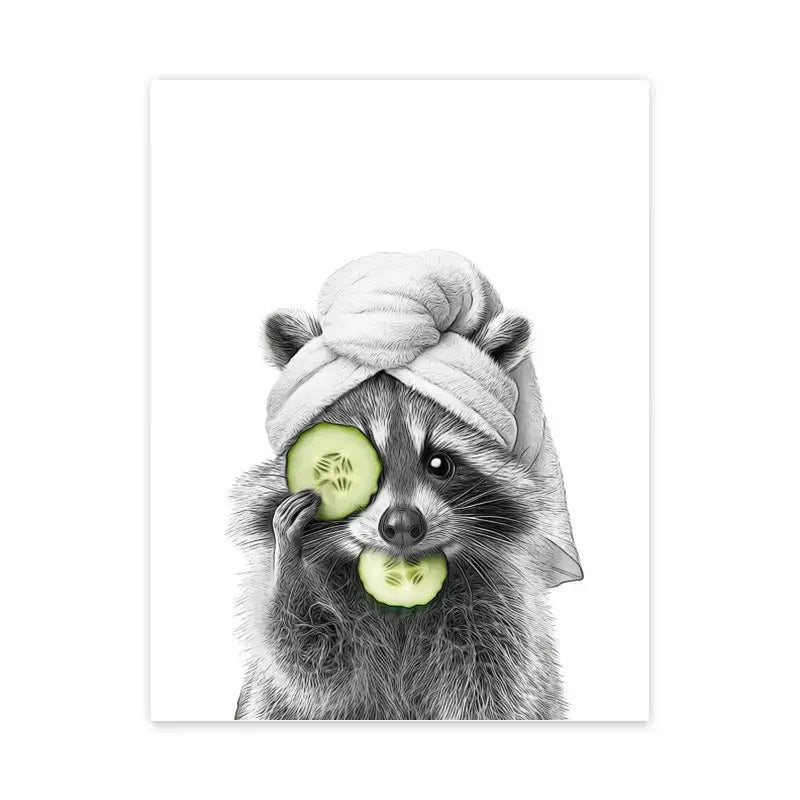 DecorBites™ black-and-white bathroom poster wall art features a raccoon with a towel and cucumber eye slices