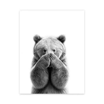 Black-and-white bathroom poster featuring a bear with paws covering its mouth as funny animal wall art canvas