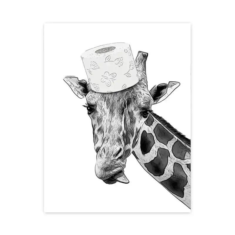 DecorBites™ funny animal bathroom poster featuring a black and white illustrated giraffe wearing a floral toilet paper hat wall art canvas