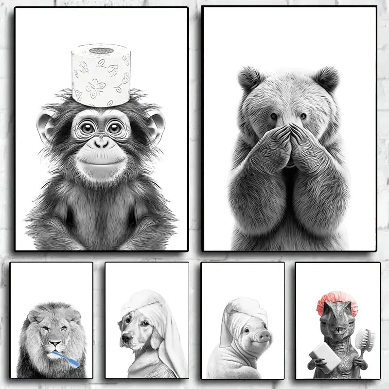 Set of six black-and-white framed funny animal bathroom posters featuring whimsical wall art for bathroom decor